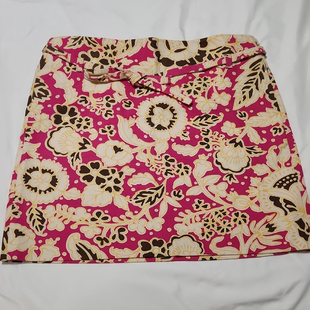 J. Crew Pink Floral Mini Skirt with Cream & Brown Accents